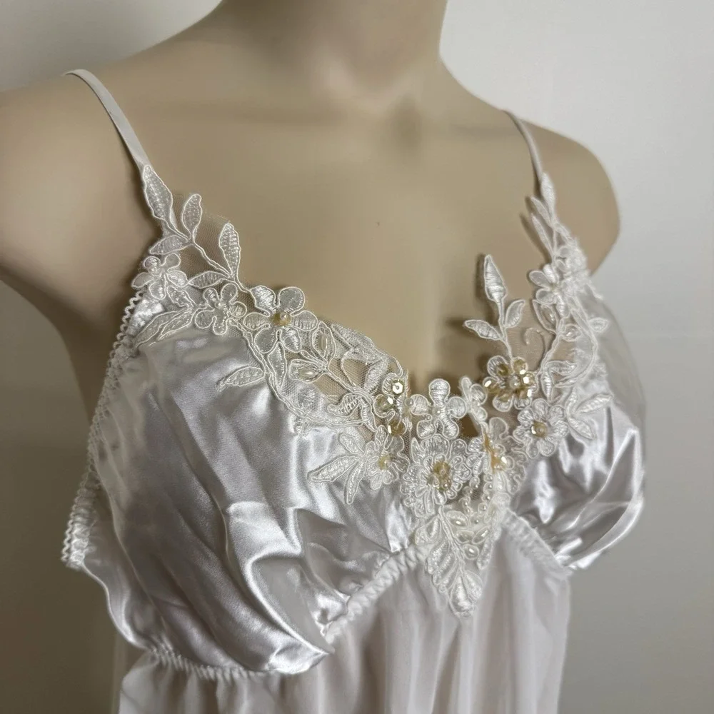 Babydoll White Satin Sheer Lace Bridal Lingerie Sz Large Fairy Beaded Coquette‎
